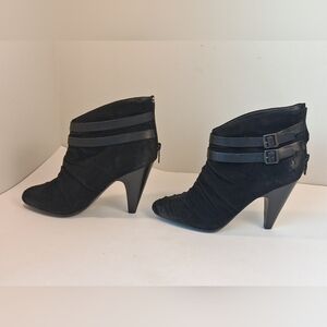 ASH INGRID Black Suede Ankle Boots EU 40 | Ruched Buckle Conical Heel